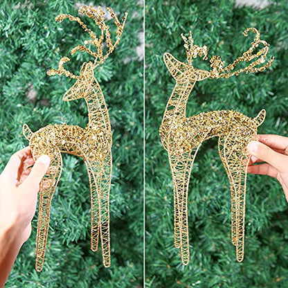 2pc Set White Bead Gold Winding Thread String Christmas Reindeer Figurine Table Desk Decorations Glittering Xmas Holiday Party Supply - color: Gold