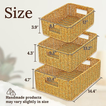 WeeNest Baskets for Storage, Wicker Basket, Rectangular, Set of 3, Amber - color: Amber