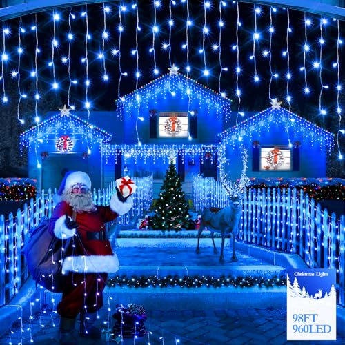 FLVOECN 98FT 960 LED Christmas Lights, Waterproof 8 Modes Ice Lights for Outside with Memory and Timer Hanging Fairy Lights Plug-in Curtain String Lights for Holiday Party Wedding Home (Blue) - color: Grass Green