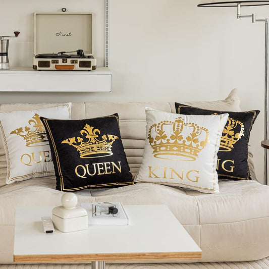 TAOSON Pack of 4 Black White and Gold Throw Pillow Covers 18x18 Inch - Queen & King Card Design Cushion Cases, Metallic Foil Square Decorative Pillows for Sofa Bedroom - color: S1412, size: 18" x 18" (Pack of 4)