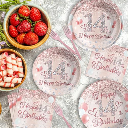 Grencian 96Pcs Rose Gold 14th Birthday Party Decorations, Serves 24 - style: Rose Gold 14th Birthday