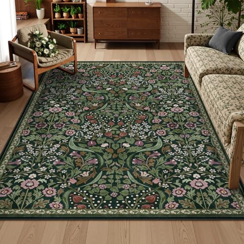 Lahome Dark Botanical Floral Rug, 6x9 Green Washable Rug for Living Room - color: Green, size: 6' x 9'