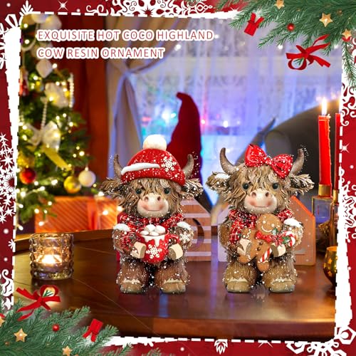 2 Pcs Christmas Highland Cow Figurines Decor, Christmas Cow Gifts - style: Christmas Snowflakes