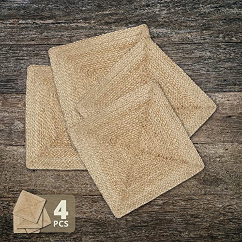 Revive Jute Placemats Set of 4-14 x 14 inch Square Natural Table Mats, Boho Heat Resistant Rustic Farmhouse Kitchen countertop & Wooden Dining Table