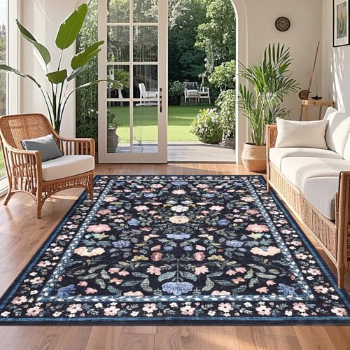 GarveeHome 4x6 Washable Floral Area Rug Low Pile Nursery Dark Grey Blue - color: Dark Grey Blue, size: 4' x 6' (Rectangular)