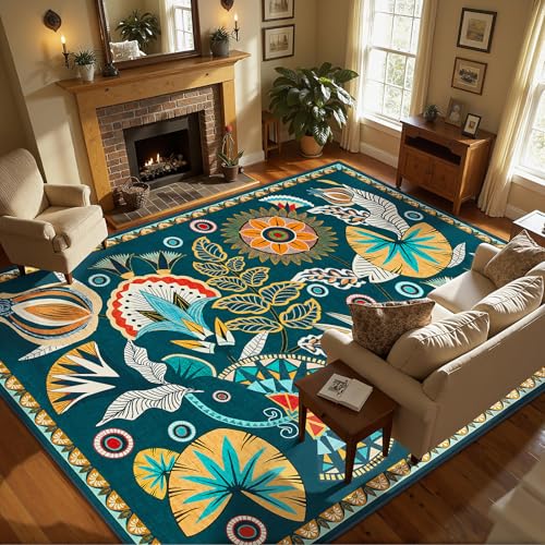 Joydeco Egypt Floral Washable Large Living Room Bedroom Rug 8x10 Under Bed - color: Dark Green, size: 8' x 10' (Rectangular)