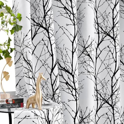 FMFUNCTEX 100% Blackout Black Grey Tree Branch Curtains 54 Inch 2 Panels - color: Grommet | Black, size: 52"W x 54"L (Pack of 2)