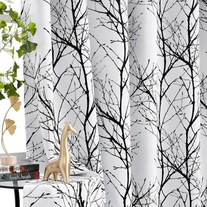 FMFUNCTEX 100% Blackout Black Grey Tree Branch Curtains 54 Inch 2 Panels - color: Grommet | Black, size: 52"W x 54"L (Pack of 2)
