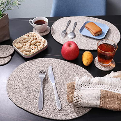 4 Pack Oval Woven Placemats, Mix Brown Cotton Plate Chargers with 4 Pack Round Coasters, Thick Heat Insulation Mats Household Table Mats Braided Bowl Mats Fabric Rustic Placemats for Dining - color: Mixed Brown, size: Oval Set of 4