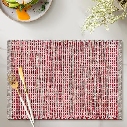 Cotton/Jute Placemats Set of 4-13x19 Inch - Natural - Red - color: Natural - Red