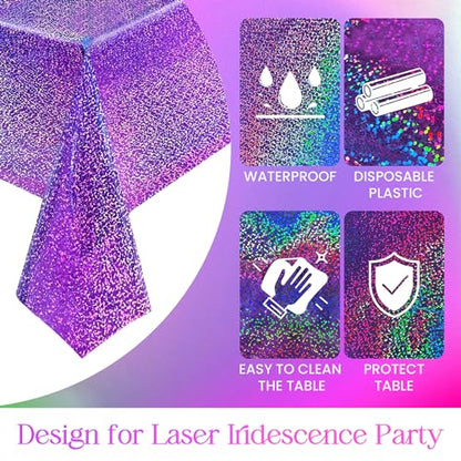 Purple & Silver Holographic Laser Tablecloth 40" x 108" Iridescence Shiny Birthday Party Table Cloth Plastic Table Cover For Halloween Event Wedding Anniversary Bridal 16th 18th 21th Party Supplies - color: Purple & Silver