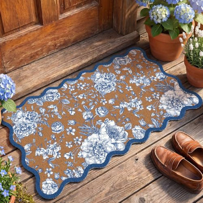Blue Floral Doormat Outdoor Scalloped Rug Flowers Welcome Faux Coir Mat - style: Blue Floral