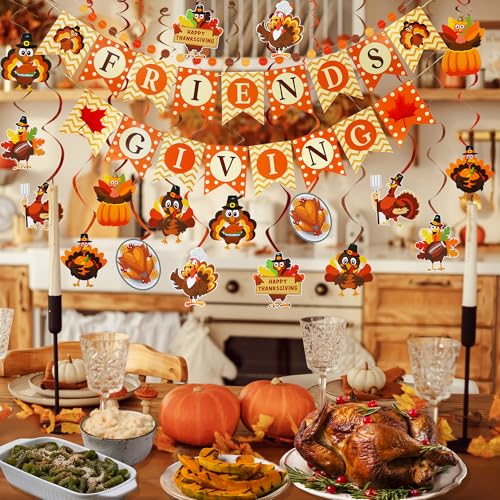 Thanksgiving Party Decorations Set - NO DIY - Friendsgiving Banner & Turkey Hanging Swirls & Circle Dots Garland Banner, Thanksgiving Decorations for Home Office Classroom Friendsgiving Party Decor - style: Friendsgiving