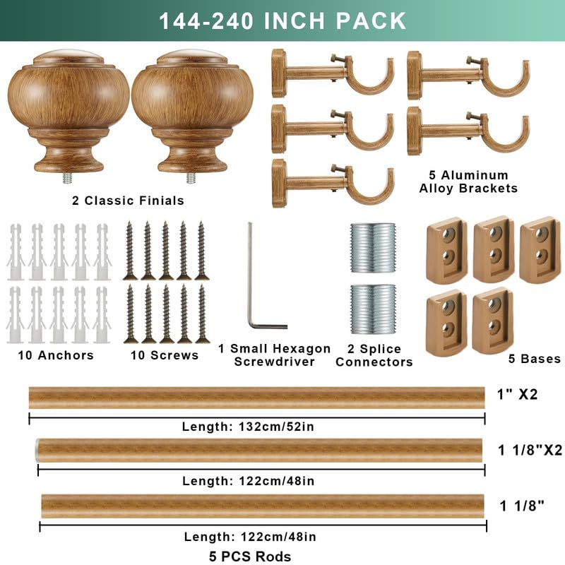 Wood Extra Long Curtain Rods 144-240 Inch(12-20ft) for Large Window, Heavy Duty Curtain Rod, 1 1/8" Diameter Boho Drapery Rods with Imitation Wood Grain Finials and Adjustable Brackets - color: Brown Wood Grain, size: 144-240"