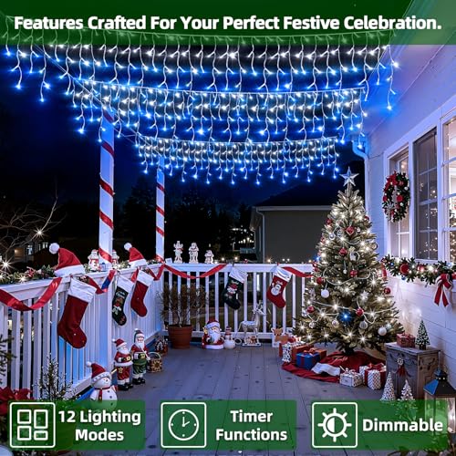 1620 LED 164FT Christmas Lights,360 Drops Icicle Lights with 12 Modes - color: Blue & Cool White, size: 1620LED 164 FT with 360 Drops