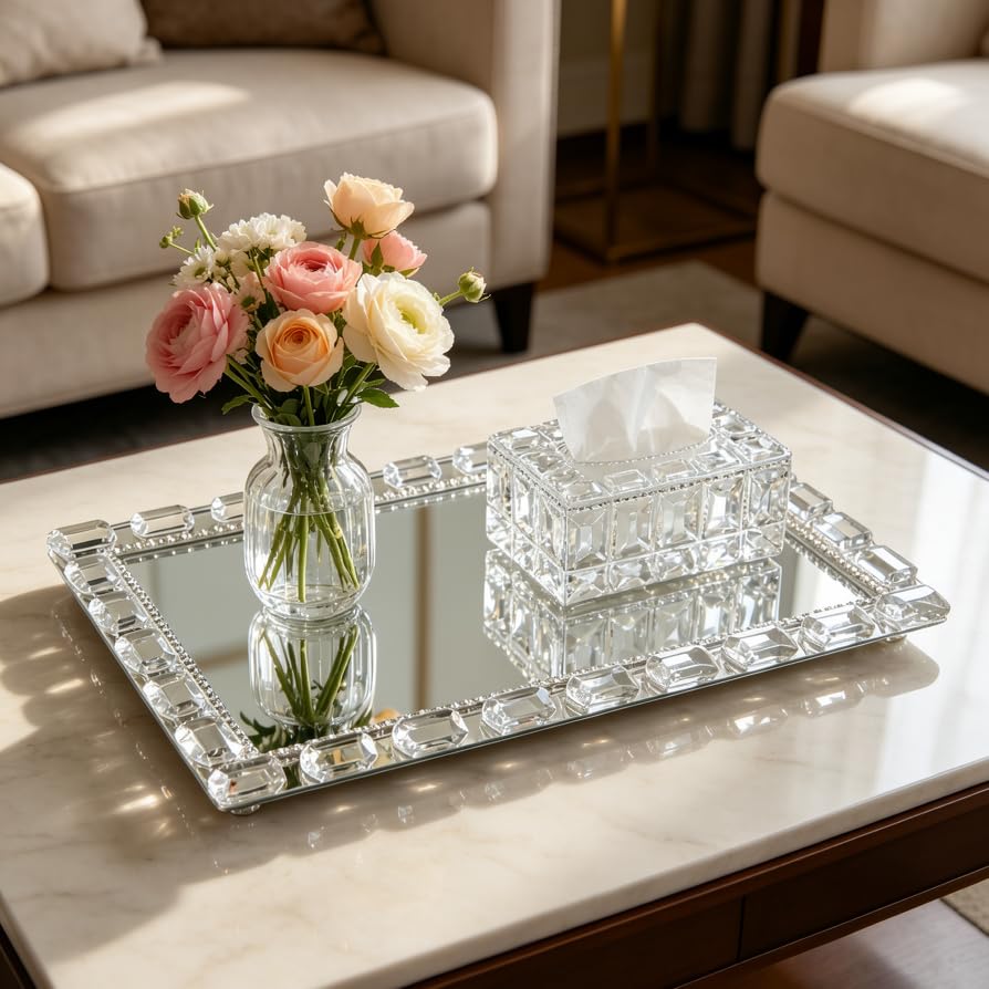Crystal Mirror Perfume Tray, 11.8" x 7.9" Rectangle Glass Trays - color: Silver C