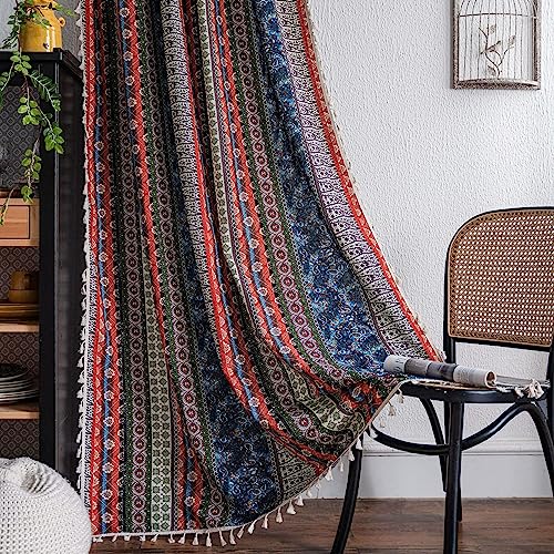 VOGOL Boho Style Bedroom Curtains, Semi Blackout Striped Print Drapes with Tassels for Living Dining Room, 1 Panel Rod Pocket Window Treatment, 52 x 84 Inches, Red & Blue - color: C4, size: 52"W x 84"L (Pack of 1)