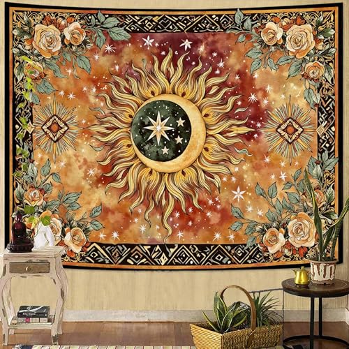 Faxdong Sun and Moon Tapestry, Boho Crescent Aesthetic Tapestries with Rose and Vine, Bedroom Room Living Room and Dorm Decor - color: Yellow, size: 80"L x 60"W