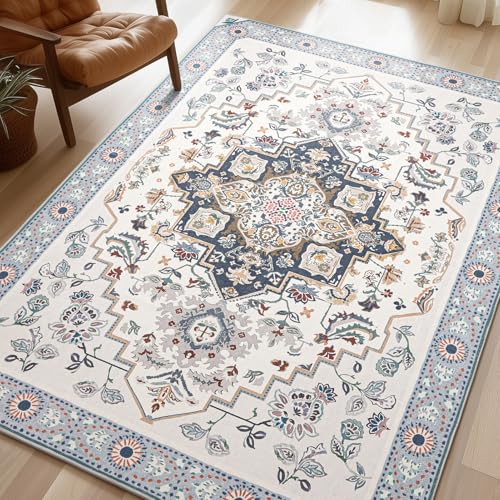 Phantoscope Washable Area Rug 9'x12' Non-Slip, Vintage Boho Rugs for Living Room, Bedroom, Dining Room, Persian Floral Medallion Pattern, Low-Pile Foldable Floor Carpet, Ivory Blue/Garden Bloom - color: Ivory Blue/Garden Bloom, size: 9' x 12' (Rectangular