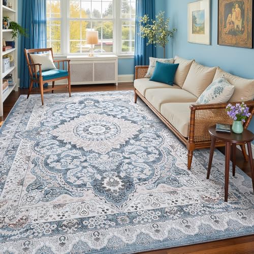 Macgace Washable Vintage Area Rug for Living Room, 6x9 Rugs Blue & Beige - color: Blue & Beige, size: 8' x 10' (Rectangular)