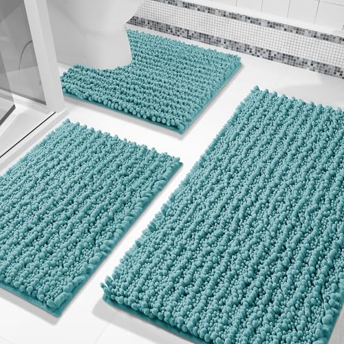 Yimobra Bathroom Rug Set 3 Piece, Super Absorbent Bath Mat Set, Teal Blue - color: Teal Blue, size: 24"x20" + 30"x20"+ 44"x24"
