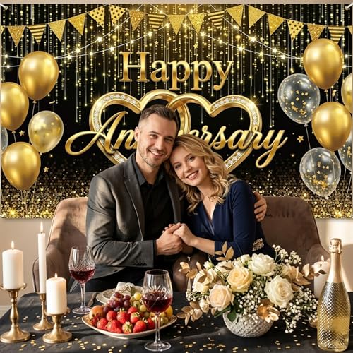 Happy Anniversary Black Gold Backdrop - Elegant Black and Gold Balloons Photography Background Poster for Wedding Anniversary Party Decorations Cake Table Banner 71x43 Inch