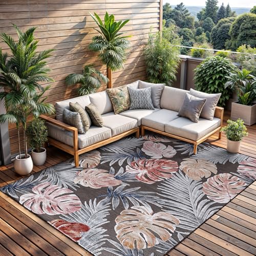 CAMILSON Indoor Outdoor Rug, Brown 5x7 Leaf Tropical Botanical Area Rugs for Indoor and Outdoor patios, Easy-Cleaning Non-Shedding Living Room, Garden and Kitchen Washable Outside Carpet (5 x 7) - color: 3002 Brown, size: 5' x 7' (Rectangular)