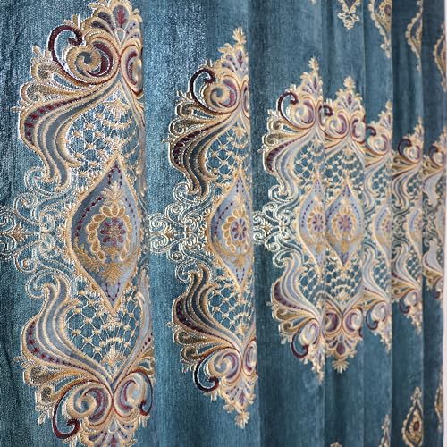 SLOW SOUL Set of 2 Panels Exquisite European 90% Blackout Curtains Golden Floral Embroidered Velvet Curtain for Living Room Bedroom Dining Room with Grommet Top Blue Cloth 48W X 84L inch Length - color: Blue Cloth, size: 48"W x 84"L (Pack of 2)