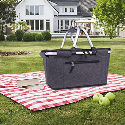Picnic Basket, SIYUAN Collapsible Market Basket Insulted Cooler with Handles 27L Large Farmers Grocery Basket with Lid Portable Tote Bag, Black - color: Dark Black