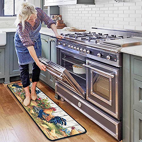 Rooster Kitchen Rugs and Mats Set of 2, Non Slip Washable Kitchen Runner Rug, Farmhouse Chicken Kitchen Floor Mats, Rustic Country Kitchen Rug Set for Sink, Laundry Room, 17"x30"+17"x47" - color: Rooster