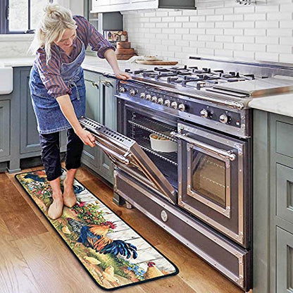 Rooster Kitchen Rugs and Mats Set of 2, Non Slip Washable Kitchen Runner Rug, Farmhouse Chicken Kitchen Floor Mats, Rustic Country Kitchen Rug Set for Sink, Laundry Room, 17"x30"+17"x47" - color: Rooster
