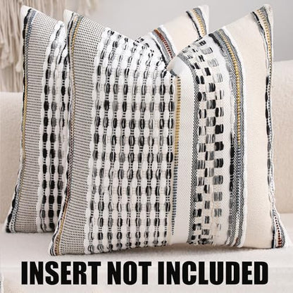 Boho Outdoor Throw Pillow Covers 18x18 Set of 2 Black White Grey - color: Black White and Grey