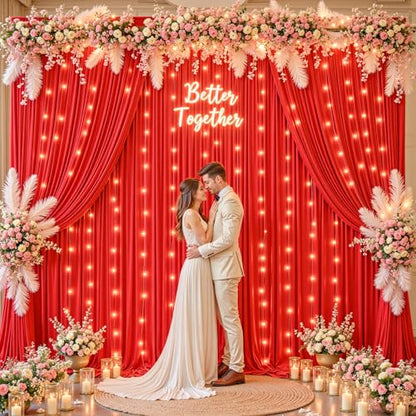 20ft x 10ft Red Backdrop Curtains with Lights String for Party - color: Red, size: W5' x H10'(4 panels)