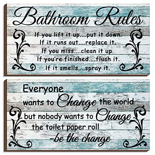 Jetec 2 Pcs Funny Teal Bathroom Wall Decor Wooden Sign 12 x 6 Inch Rustic - style: Chic Style