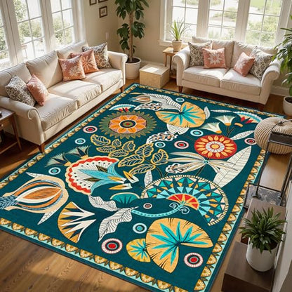 Joydeco Egypt Floral Washable Large Living Room Bedroom Rug 8x10 Under Bed - color: Dark Green, size: 8' x 10' (Rectangular)