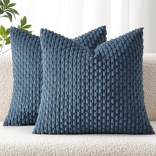 MIULEE Decorative Throw Pillow Covers 16x16 Blue Textured Corduroy - color: Blue, size: 16" x 16" (Pack of 2)