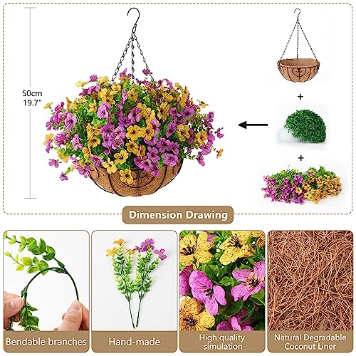 Artificial Hanging Flowers Basket for Outdoor, UV Resistant Plants Daisy - color: Purple Yellow