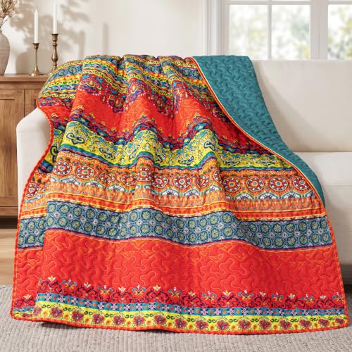 Exclusivo Mezcla 60"x 80" Boho Quilted Throw Blanket, Red Quilt Throw - color: Bohemian Red and Blue, size: 60 x 80 inch
