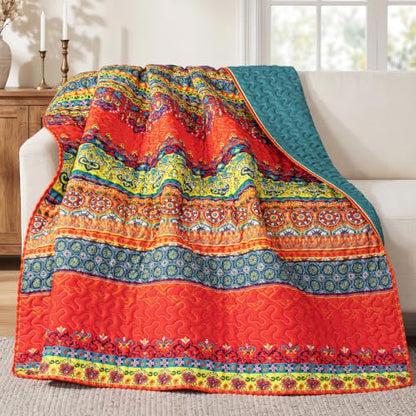 Exclusivo Mezcla 60"x 80" Boho Quilted Throw Blanket, Red Quilt Throw - color: Bohemian Red and Blue, size: 60 x 80 inch