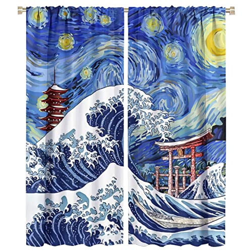 Japanese Asian Art Blackout Curtains - Blue Anime Ocean The Great Waves Fantasy Starry Sky Torii Rod Pocket Window Curtain Set Energy Saving Thermal Insulated Drapes,2 Panels 54L x 21W - color: Japanese Asian Art, size: 21"W x 54"L (Pack of 2)