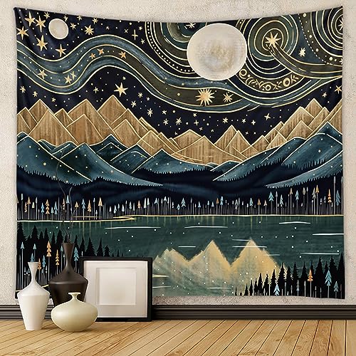 Tapzen Mountain Forest Tapestry - Boho Landscape Moon Stars Wall Hanging for Bedroom, Living Room, Classroom, Dorm (60 x 50 inches) - size: 60"L x 50"W
