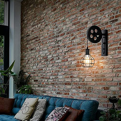 1-Light Rustic Wall Light Lift Pulley with Matte Iron Cage Lampshade Industrial Mid Century Sconce for Indoor Lighting Barn Restaurant (Black Color) - color: Black