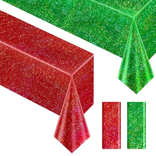 2 pcs Christmas Table Cloth 40" x 108" Red and Green Holographic Laser Tablecloth Iridescence Shining Plastic Disposable Party Table Decoration For Holiday Event Birthday Party Decor Supplies - color: Red & Green