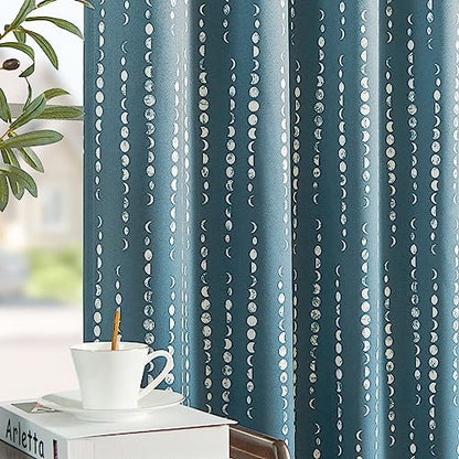 jinchan Boho Blackout Curtains 63 Inch Length Moon Phase Printed Drapes - color: Luna | Blue, size: 52"W x 63"L (Pack of 2)