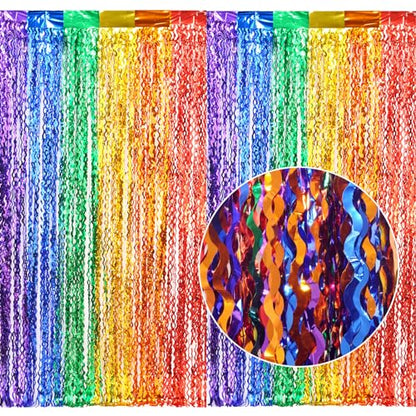 CYLMFC 3 Pack Rainbow Foil Curtains - 3.3x6.6ft Metallic Streamers Tinsel Curtains Background for Photo Booth Birthday Weddings Carnivals Graduation - color: 6 Color Rainbow