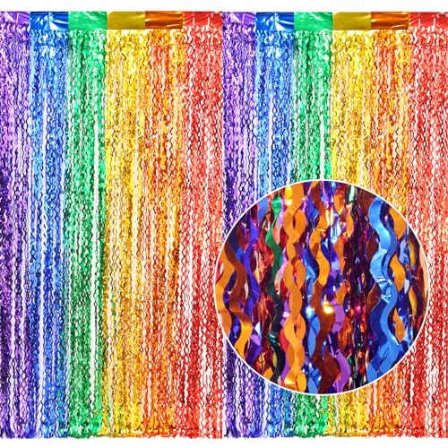 CYLMFC 3 Pack Rainbow Foil Curtains - 3.3x6.6ft Metallic Streamers Tinsel Curtains Background for Photo Booth Birthday Weddings Carnivals Graduation - color: 6 Color Rainbow