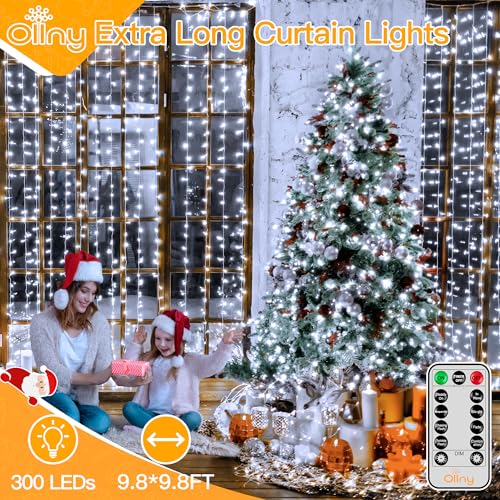 Ollny 300 LED 9.8ftx9.8ft Outdoor Waterproof Christmas Curtain Lights with Remote Timer 8 Modes, USB Powered, Cool White - color: Cool White, size: 300 LED
