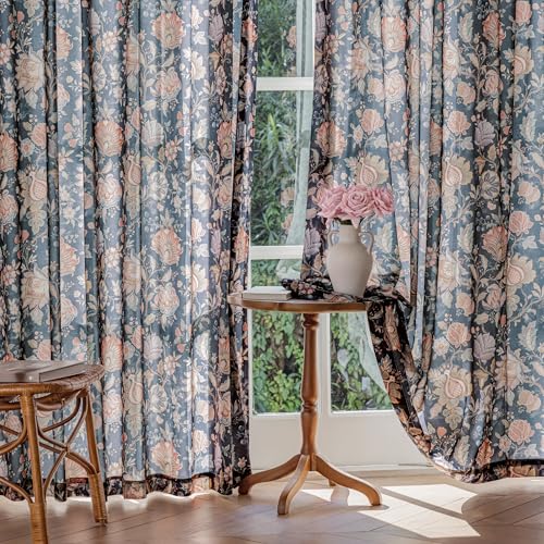 FMFUNCTEX Boho Floral Semi Sheer Curtains for Bedroom, Black Printed Vintage Flower Curtains 63 Inch Length for Living Room, Voile Light Filtering Privacy Window Drapes Rod Pocket 2 Panels - color: Rod Pocket | Black, size: 52"W x 63"L (Pack of 2)