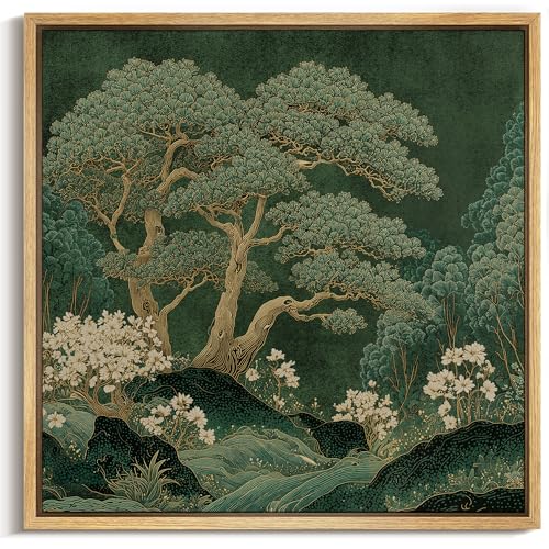 MUDECOR Framed Canvas Print Wall Art Japanese Green Pine Tree Landscape Japandi Illustrations Modern Art Group Colorful for Living Room, Bedroom, Office - 16"x16" NATURAL - color: B09-2604-M21, size: 16"L x 16"W