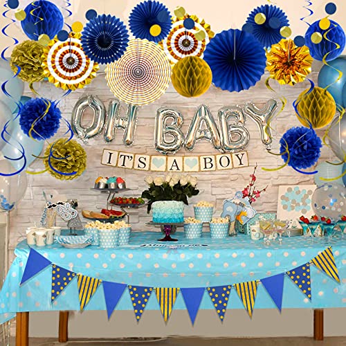 24 Pcs Blue Gold Party Decorations, Paper Fans Pom Poms Banner - color: Blue